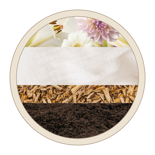 Earth's soil transformation - shroud, organic mulch, woodchip, and wildflowers